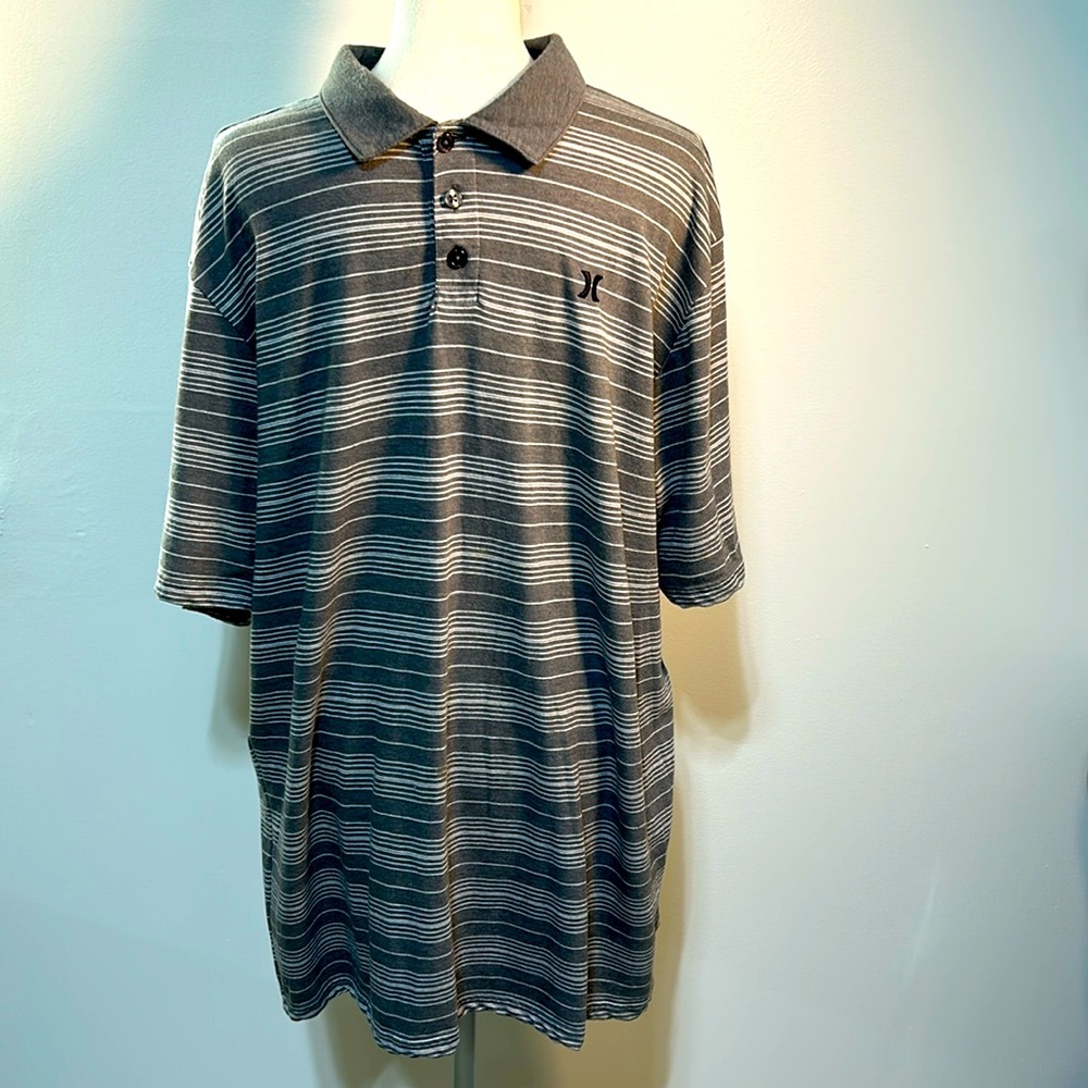 HURLEY Men’s XLG Grey Striped Polo Style Shirt with Embroidered Hurley Emblem